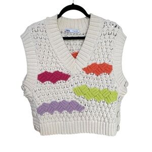 ZARA Oversized Ecru Crochet Sleeveless V-Neck Colour Block Sweater Vest Cream S